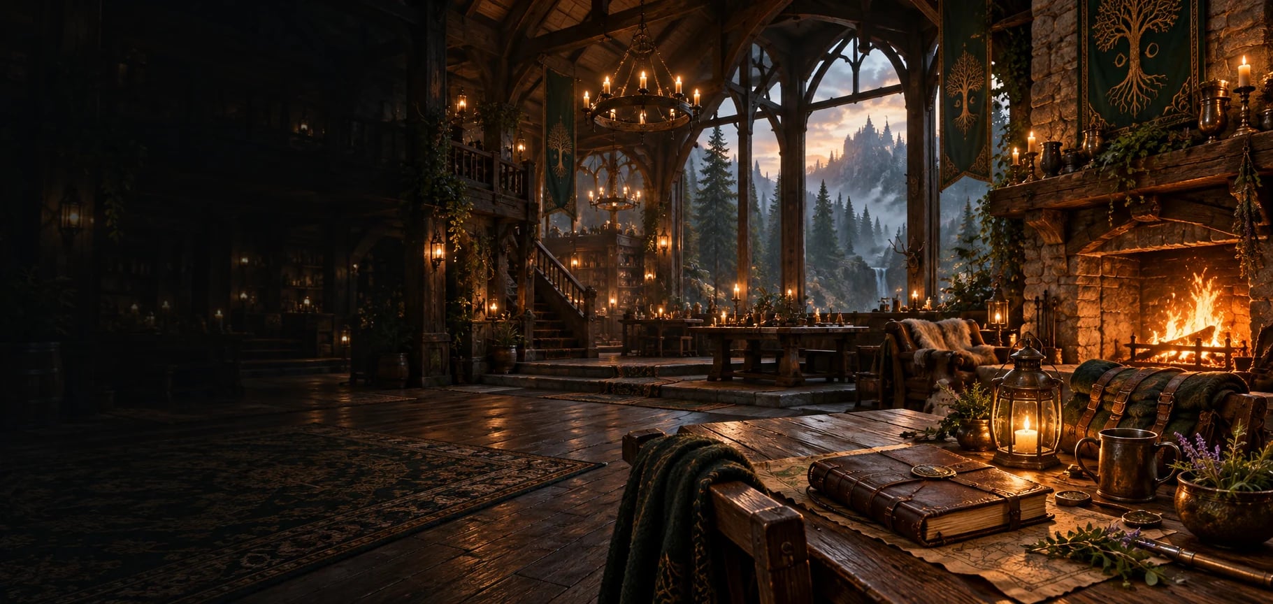 A lantern-lit adventurers’ guild hall with timber beams, a welcoming hearth, and tools for the journey